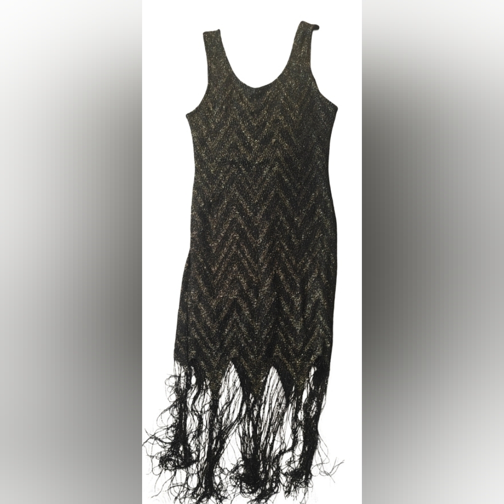 Chocolate Black and Gold Chevron Fringe Midi Dress